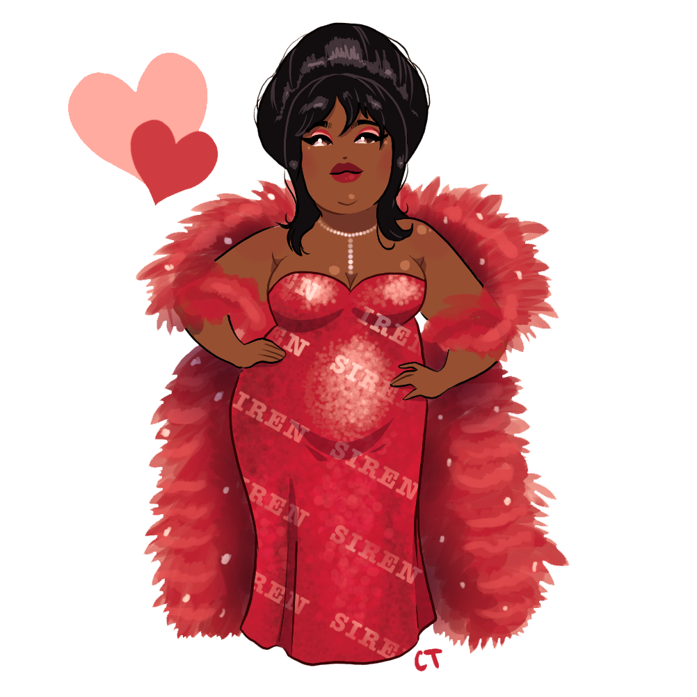 drawing of lizzo in red sequin siren dress