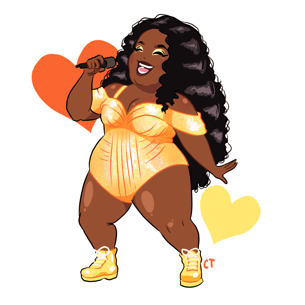 drawing of artist lizzo in gold sparkly romper